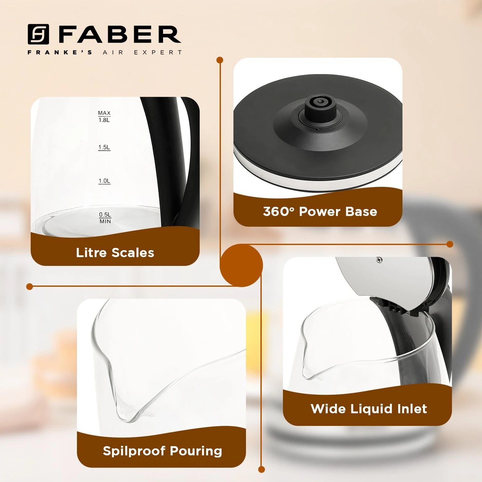 Faber 1.8L Electric Glass Kettle|2mm Borosilicate|Dry Heat Protection|LED Illuminator Beverage Maker (1.8 L, Black)