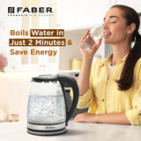 Faber 1.8L Electric Glass Kettle|2mm Borosilicate|Dry Heat Protection|LED Illuminator Beverage Maker (1.8 L, Black)