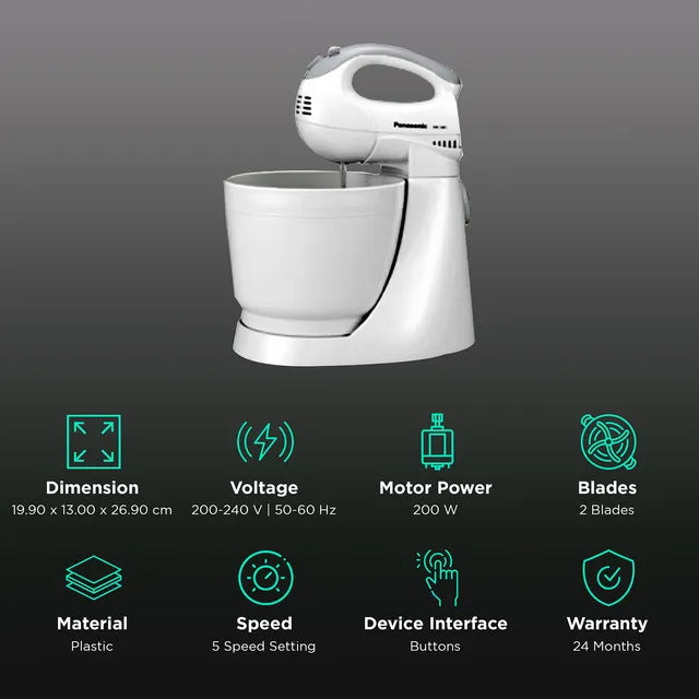 Panasonic 200 Watts Stand Mixer (2 Attachments, 5 Speed Selection, MK-GB1, White)