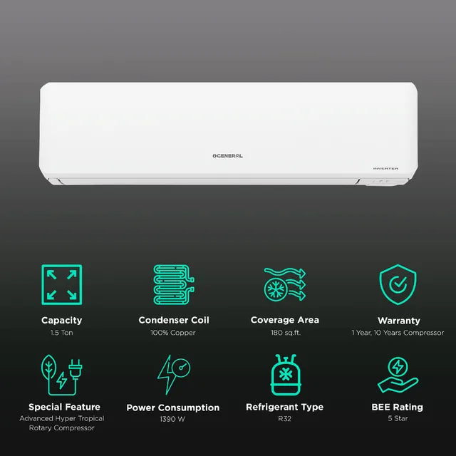 O GENERAL CET Series 1.5 Ton 5 Star Inverter Split AC (Copper Condenser, PM 2.5 Filter, ASGG18CETAB)
