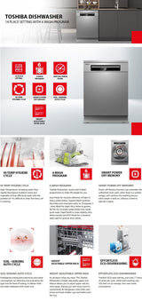 TOSHIBA 14 Place Setting Dishwasher with 6 Wash Programme | Pull out Adjustable Upper Rack | Hygiene with Antibacterial Filter | Hot Water Wash | Soil Sensing Auto Cycle (DW-14F1IN(S)-1, Silver)