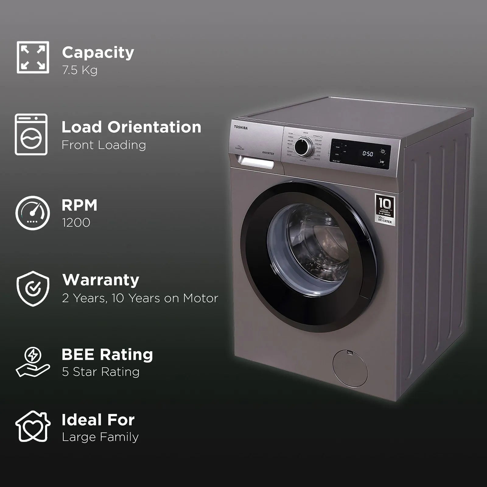 TW-BJ85S2-IND(SK) ,TOSHIBA FAFL 7.5 KG,T01 SERIES,SILVER COLOR (open Box Like New)