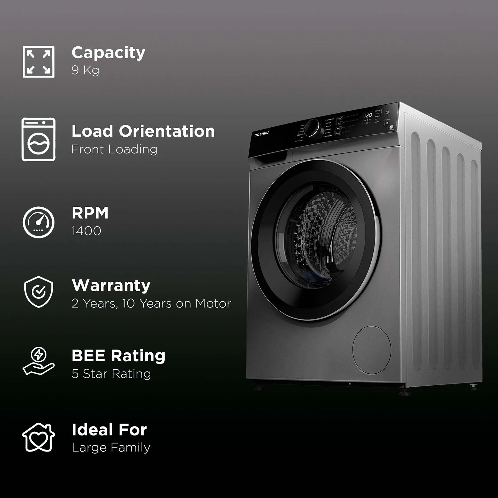 TW-BJ100M4-IND(SK), TOSHIBA FAFL 9.0 KG,T03 SERIES,SILVER COLOR (open Box Like New)