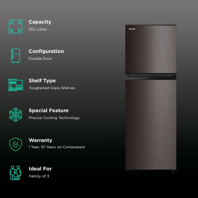 GR-RT302WE-PMI(37) ,Toshiba, Frost Free ,252 L, Real Inverter,2 Star, Satin Grey (open Box Like New)