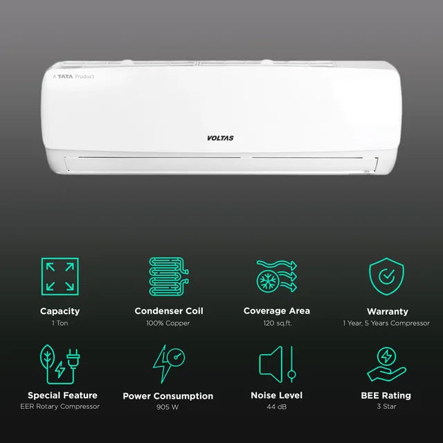 VOLTAS 123 Vectra Elegant 1 Ton 3 Star Split AC (2025 Model,Copper Condenser, Anti Dust Filter)
