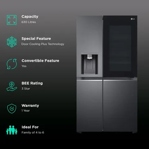 LG 630 L, Frost-Free, Inverter, Wi-Fi Convertible, InstaView Door-In-Door, Side-By-Side Refrigerator with Ice and Water Dispenser (GL-X257AMC3, Matte Black, )