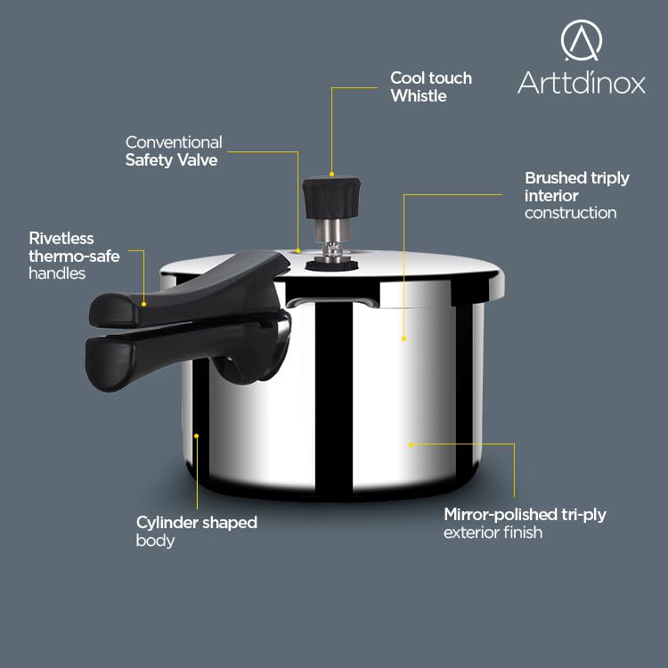Arttdinox Stellar Stainless Steel Triply 5 LTR Mirror Finish Pressure Cooker with Gasket | Rivetless Handle | Induction & Gas Base | 7 Yrs Warranty | Jindal Stainless
