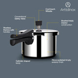 Arttdinox Stellar Stainless Steel Triply 5 LTR Mirror Finish Pressure Cooker with Gasket | Rivetless Handle | Induction & Gas Base | 7 Yrs Warranty | Jindal Stainless