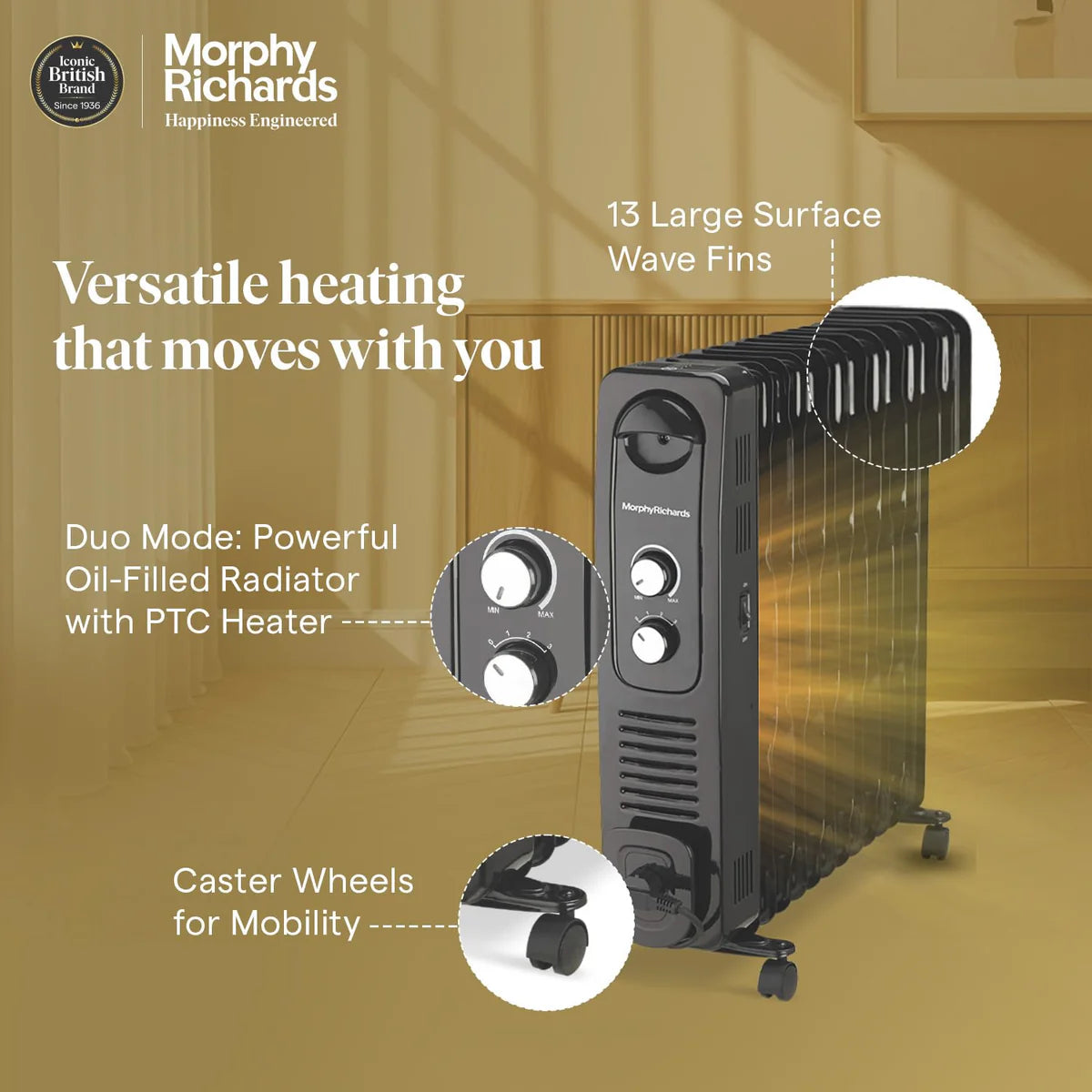 Morphy Richards 13F Heat Wave Oil-Filled Room Heater (2900W) | 2200W + 400W PTC Fan | 13 Fin | PTC Ceramic Fan | Overheat Protection | 2 years warranty