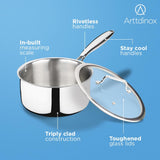 Arttdinox by Jindal Lifestyle Reflecto Triply Stainless Steel Saucepan with Glass Lid | Milkpan | Triply Tea Pot| Gas and Induction Compatible, 2.5mm Thickness, 2.3L, 18cm, Silver| Jindal Stainless