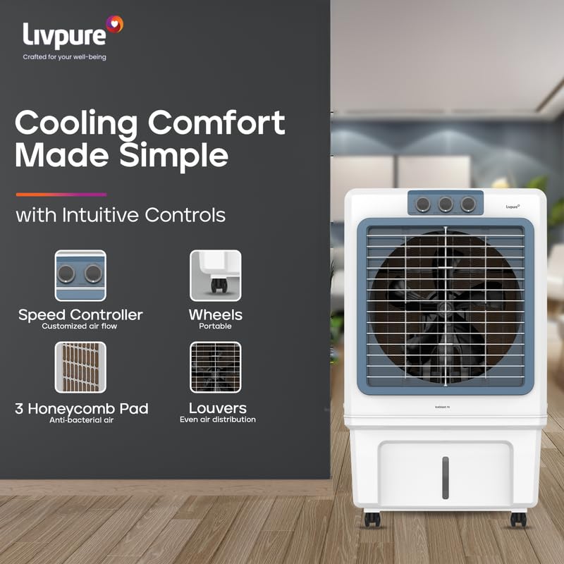 Livpure Iceblast Desert Air Cooler- 90L | 18" Fan Blade | High Air Delivery | Ice Chamber | Anti-Bacterial Honeycomb Pad | 190 Watts Motor with Inverter Compatibility | 2 Years Warranty by Livpure