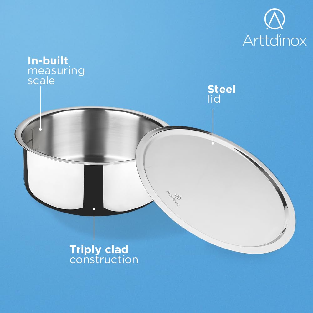 Arttdinox by Jindal Lifestyle Reflecto Triply Stainless Steel Tope with Lid | Tope Stainless Steel | Tope Stainless Steel 3Ltr | Milk Tope with Lid, Silver | Jindal Stainless