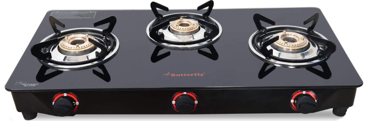 Butterfly Smart Glass 3 Burner Gas Stove, Black & White (Manual Ignition)
