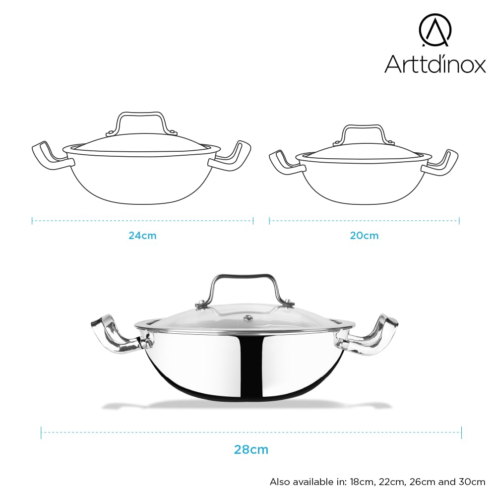 Arttdinox by Jindal Lifestyle Reflecto Triply Stainless Steel Shallow Kadai with Glass Lid | Kadhai Triply | Triply Small Kadai | Gas & Induction Compatible, 1.3L/18cm, Silver | Jindal Stainless