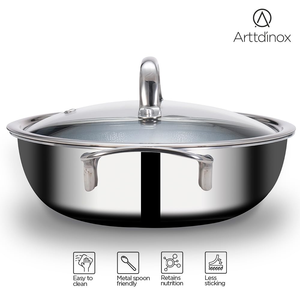 Arttdinox Stellar Triply Stainless Steel Kadhai with Lid | Triply Kadai | Non Stick Kadai | Kadai with Lid for Cooking | Gas & Induction Base, 22cm/2.1Ltr, Jindal Stainless, Silver