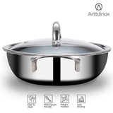 Arttdinox Stellar Triply Stainless Steel Kadhai with Lid | Triply Kadai | Non Stick Kadai | Kadai with Lid for Cooking | Gas & Induction Base, 24cm, 2.7Ltr, Jindal Stainless, Silver