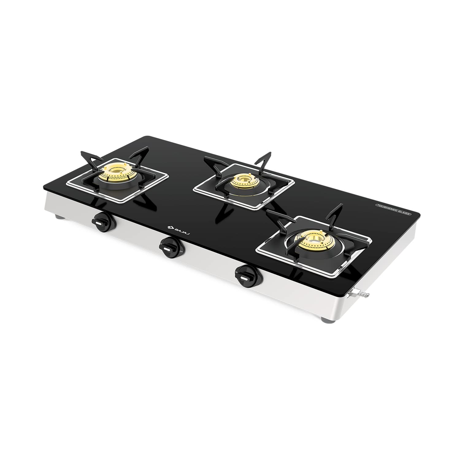 Bajaj 3BJGS7 Stainless Steel Glass Top Gas Stove with 3 Brass Burners, ISI Certified, Black, Regular