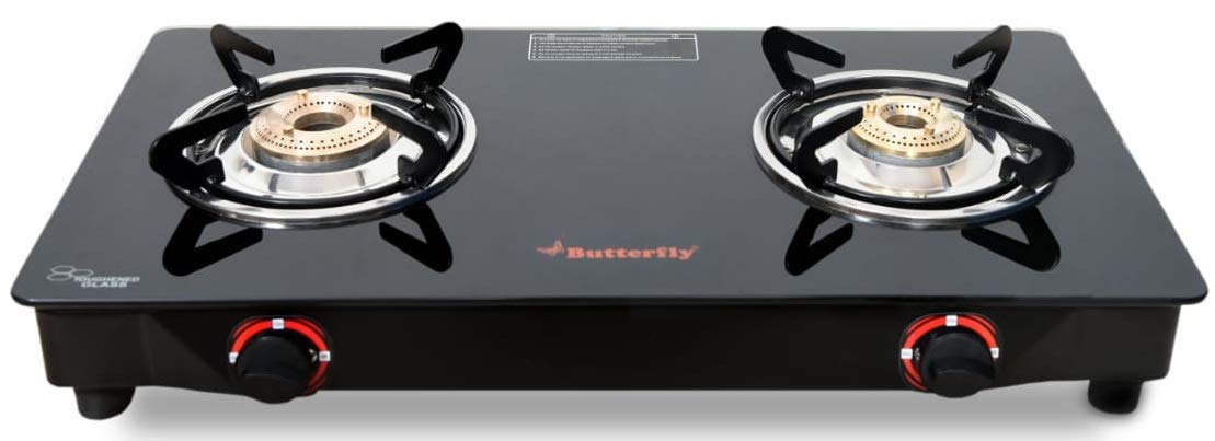 Butterfly Smart Glass 2 Burner Gas Stove, Black & White (Manual Ignition)