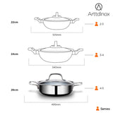 Arttdinox Stellar Triply Stainless Steel Kadhai with Lid | Triply Kadai | Non Stick Kadai | Kadai with Lid for Cooking | Gas & Induction Base, 24cm, 2.7Ltr, Jindal Stainless, Silver