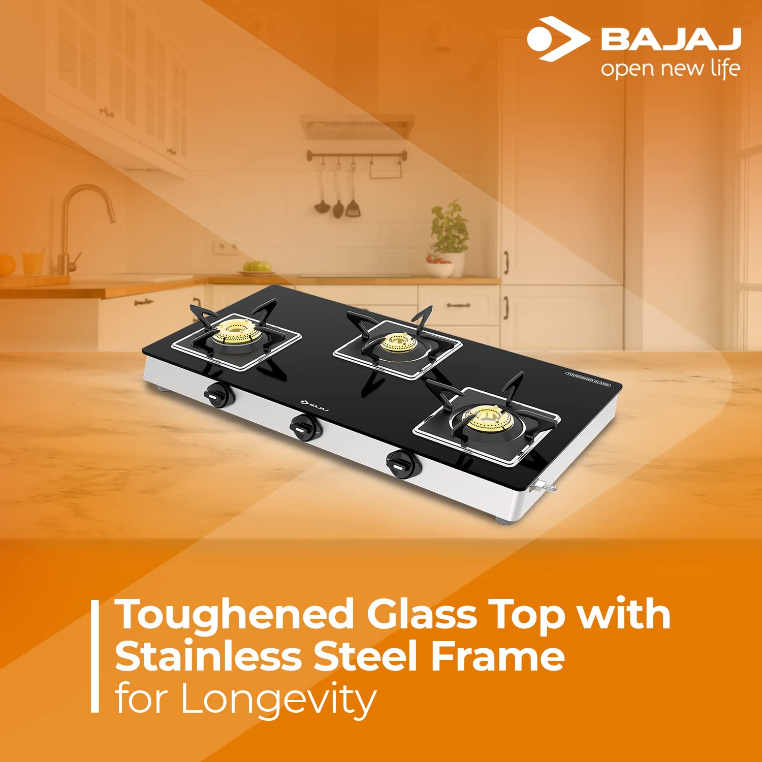 Bajaj 3BJGS7 Stainless Steel Glass Top Gas Stove with 3 Brass Burners, ISI Certified, Black, Regular