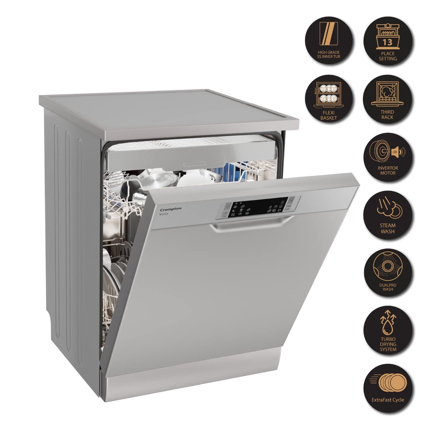 Crompton 13 Place Setting Freestanding Dishwasher with 8 Wash Programs and Turbo Drying Technology (Voilla 13 PS INX, Silver Inox, FS-DWVOV13PS-INX)