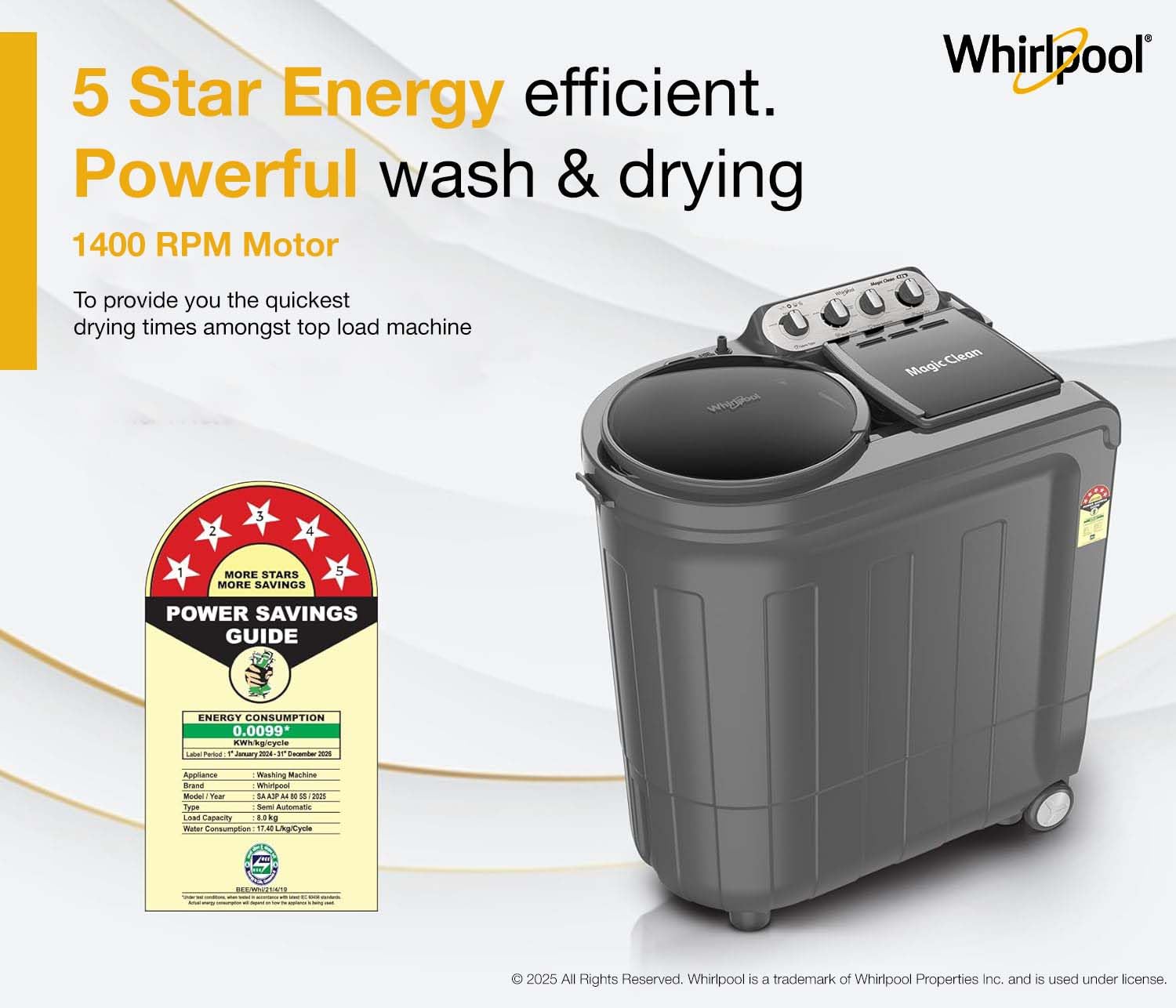 Whirlpool 9 kg 5 Star Semi-Automatic Top Loading Washing Machine (MAGIC CLEAN 9.0 GREY DAZZLE,2x Drying Power)