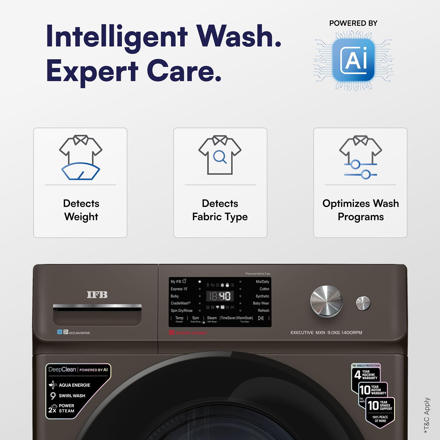 IFB 9 Kg 5 Star, DeepClean® Technology, AI Powered, WiFi, Fully Automatic Front Load Washing Machine (EXECUTIVE MXN 9014K CMS, PowerSteam®, 9 Swirl, Steam Refresh, Inbuilt Heater, Eco Inverter, Mocha)