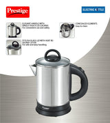 Prestige 1.7 Litres Electric Kettle(PKGSS 1.7)|1500W |Silver and Black | 1.7 Litres | Stainless Steel| Automatic Cut-off | Wide Mouth | Power Indicator | Single-Touch Lid Locking