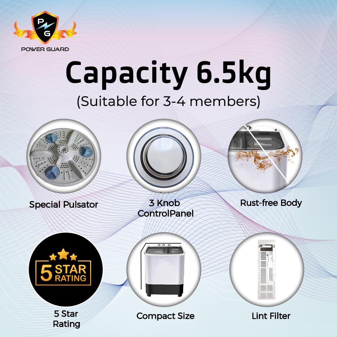 Power Guard 6.5 kg 5 Star Semi-Automatic Top Loading Washing Machine Appliance (PG65WM-Bk-OP)
