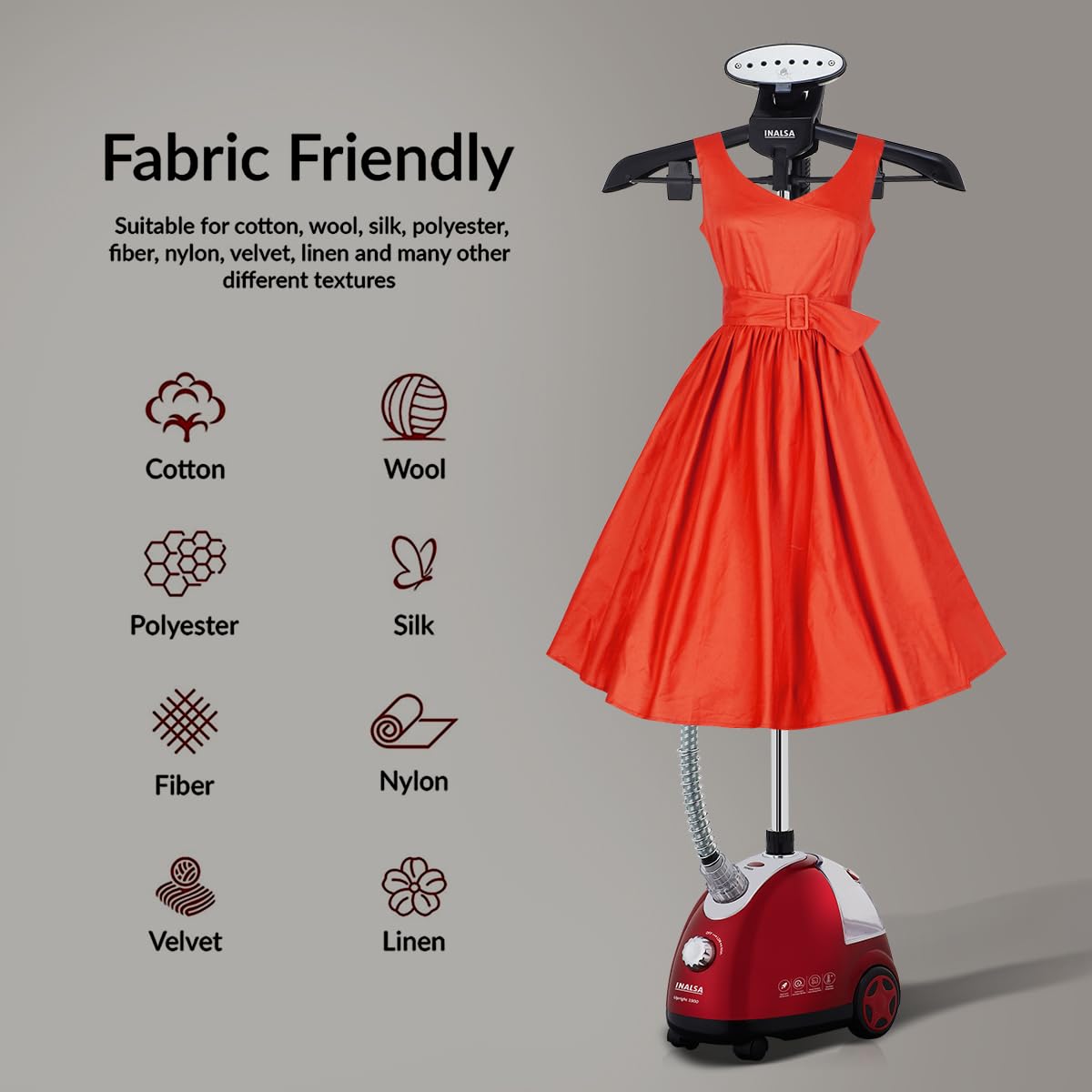 INALSA Standing Garment Steamer 1900 W Steam Iron for Clothes| Steam Output Up to 28g/min|1.4L Tank|50 min Continuous Steam|Over Heat Protection|Automatic shut off|steamer for clothes(Upright 1900)