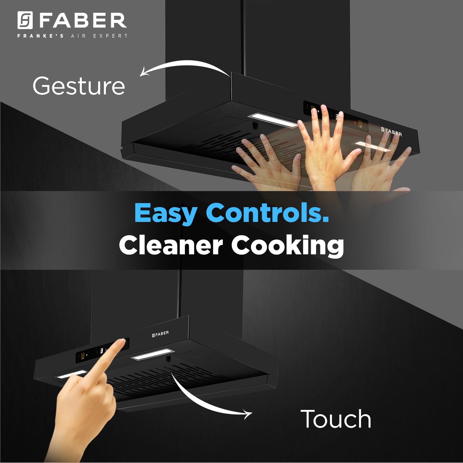 Faber Atom 60cm 1500m³/hr BLDC Autoclean Filterless T-Shape Chimney|Built In Oil Collector|Touch & Gesture Control | Hood ATOM BLDC TC FL HC SC BK IN 60
