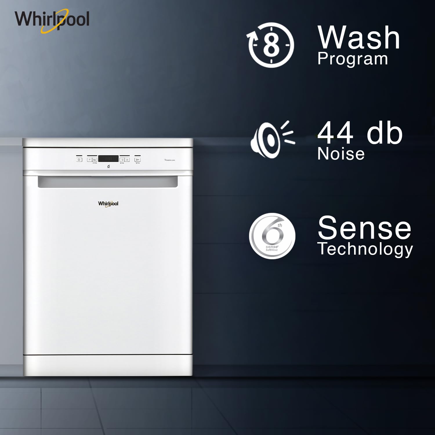 Whirlpool WFC 3C33 PF N IN Free Standing 14 Place Settings PowerClean Technology White, 30% extra space, 8 wash Programs, Ultra Quiet Performance Dishwasher