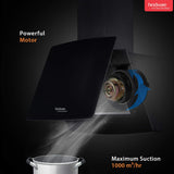Hindware Kyra 60cm 1000 hr Low Noise Angular Designer Kitchen Chimney With Cassette Filter Touch Control Dual LED Lamps and Touch Control Black