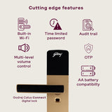 Godrej Smart Lock I Catus Connect I Digital Lock for Wooden Door | 5 in 1 Access I WiFi I Fingerprint I RFID Card I PIN Access I Mechanical Key I 3 Strong Locking Dead Bolts I Champagne Gold