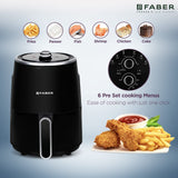 Faber 2L 1300W Air Fryer | Fry, Bake, Roast, Toast, Reheat, Defrost & Grill | 85% Less Oil, 360° Rapid Air Cooking | 6 Preset Menu, Auto Off, Light Indicator | Non-Stick Pan, Non-Slip Feet | (Black)