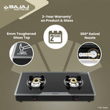 Bajaj 2Brgp7 Stainless Steel Glass Top Gas Stove with 2 Brass Burners, Isi Certified, Anti-Viral & Anti-Bacterial Coating, Black, Regular, Open