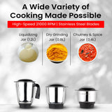 INALSA Mixer Grinder|500W Powerful Motor|High RPM 21000 for Finer Grinding Result|3 Stainless Steel Jars (1.2 L,0.8 L,0.4 L)|Leak-Proof Lid|3 Speed Control & Pulse FunctioN|Jazz Bold