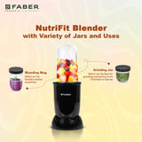 Faber Sportz 2-in-1 Nutrifit Nero Blender Mixer Grinder - 400W, 100% Copper Motor, Detachable SS Blade, 500ML & 300ML Jars, Wet & Dry Grinding, Smoothie Maker