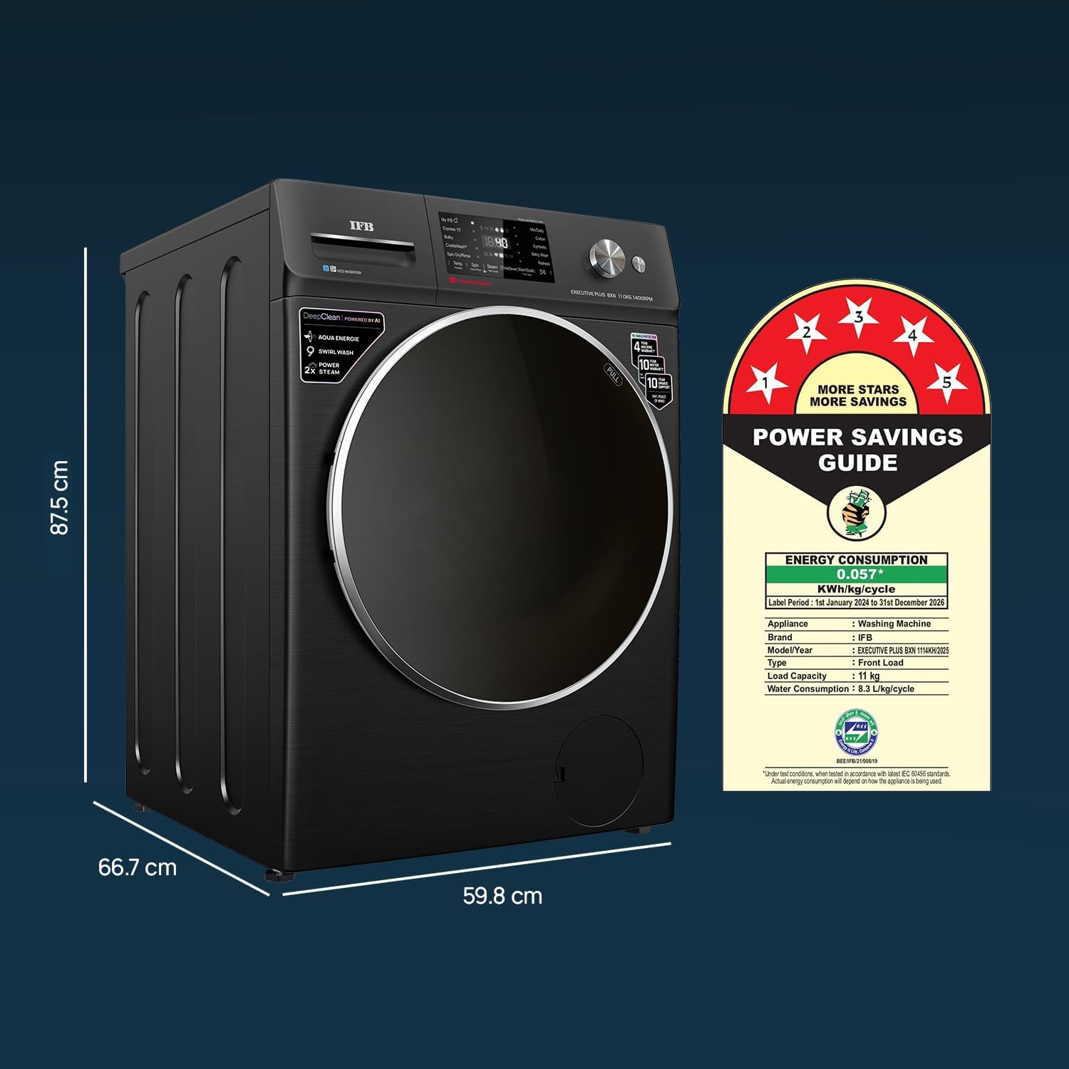 IFB 11 Kg 5 Star, DeepClean®, AI Powered, WiFi, Fully Automatic Front Load Washing Machine (EXECUTIVE PLUS BXN 1114KH, PowerSteam®, 9 Swirl, Steam Refresh, Inbuilt Heater, Eco Inverter, Black VCM)