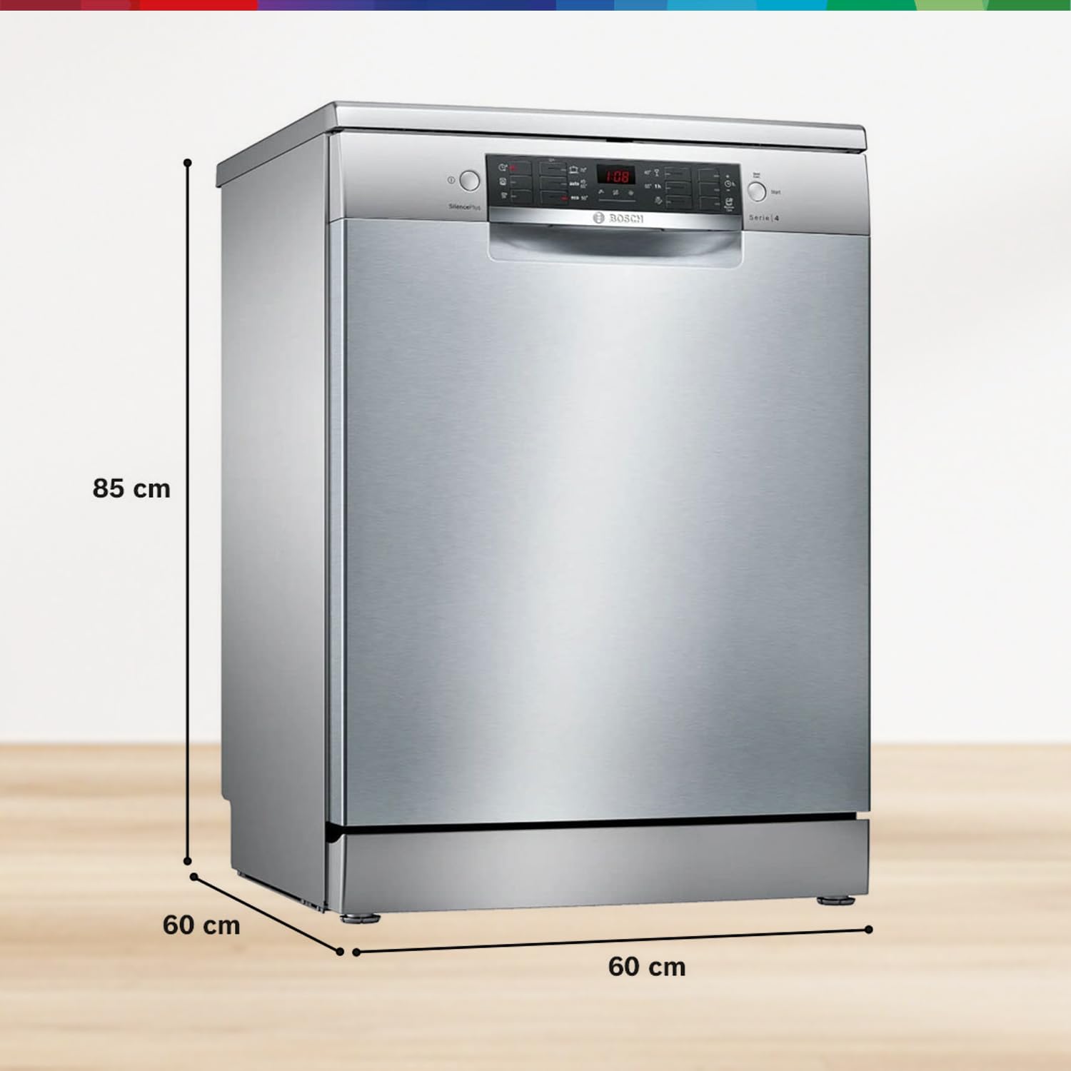 Bosch 14 Place Setting Dishwasher with Intensive Kadhai Program, 70? Hot water wash, 3-Stage Adjustable Upper Rack, No Pre-Rinse (SMS46KI03I, Silver, Glass Protection Technology)