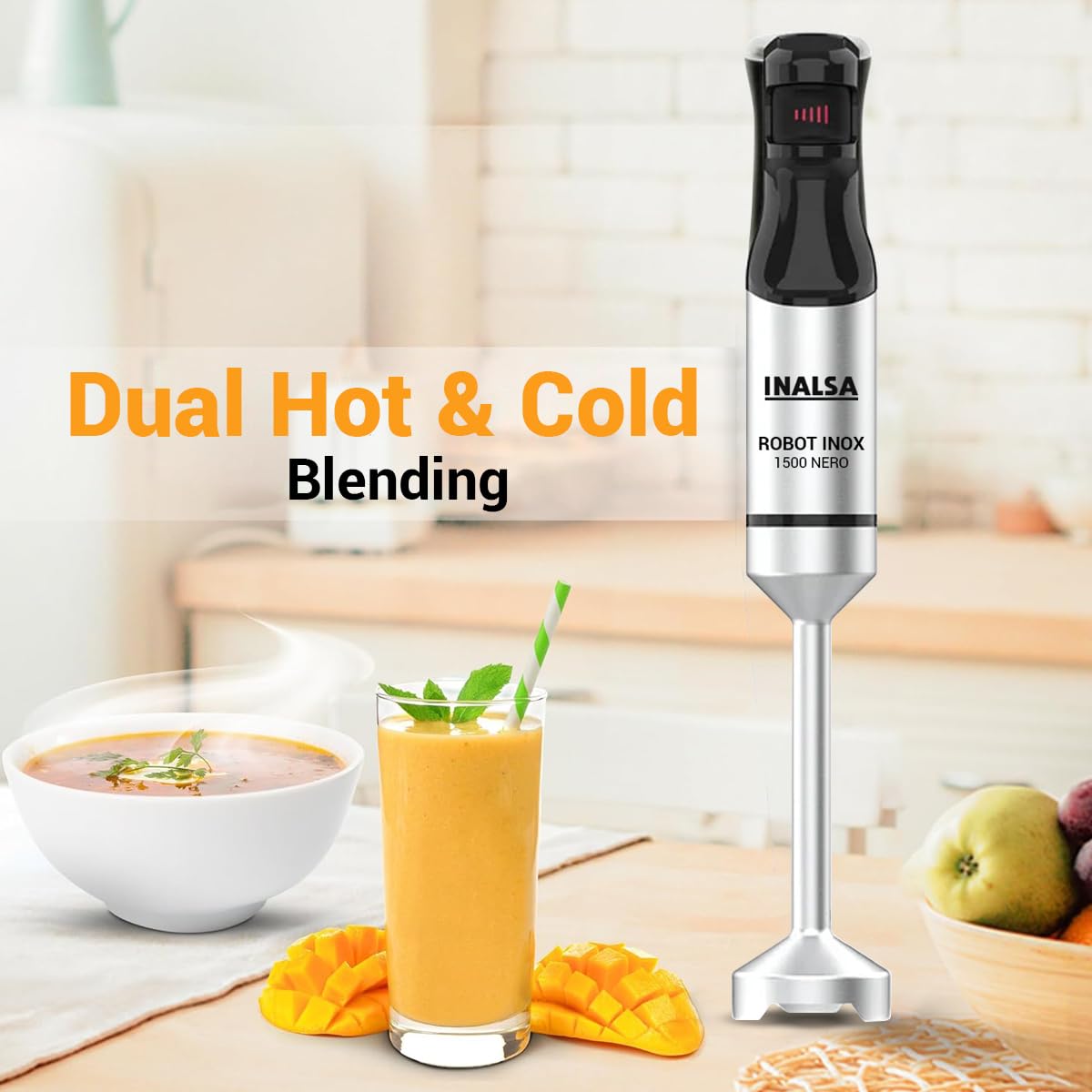 INALSA Hand Blender 1500Watts|Silent DC Copper Motor|Variable Speed with Stepless Technology|Anti-Splash Technology| Detachable Stainless Steel Stem-Robot INOX 1500 Nero