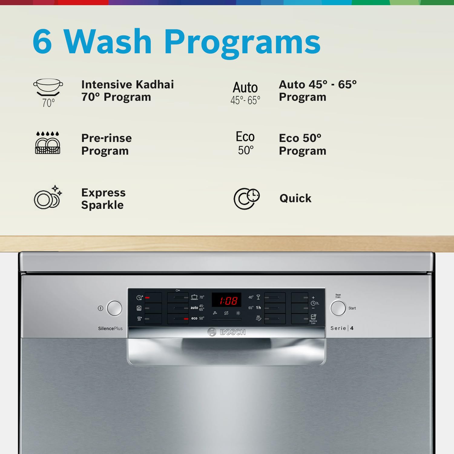 Bosch 15 Place Setting (fits up to 80 utensils) Free-Standing Dishwasher for Indian Utensils | Hygiene+ & Intensive Kadhai Program (SMS46KI03I, Silver Inox, Inbuilt Heater, Removes 99.9% Germs)