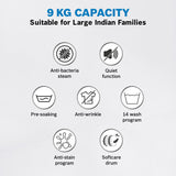 Bosch 9kg 5 Star Anti Stain & AI Active Water Plus Fully Automatic Front Load Washing Machine with Built in Heater (WGA14200IN, Pretreatment & Steam with Anti Bacteria and 5 Star Inverter, White)