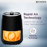 Faber 2L 1300W Air Fryer | Fry, Bake, Roast, Toast, Reheat, Defrost & Grill | 85% Less Oil, 360° Rapid Air Cooking | 6 Preset Menu, Auto Off, Light Indicator | Non-Stick Pan, Non-Slip Feet | (Black)