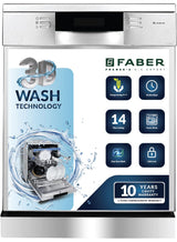 Faber 14 Place Settings Free Standing Dishwasher,8 Wash Programs, LED Display, Adjustable Racks, 3D Wash for Tough Stains, FFSD 8PR 14S, Silver
