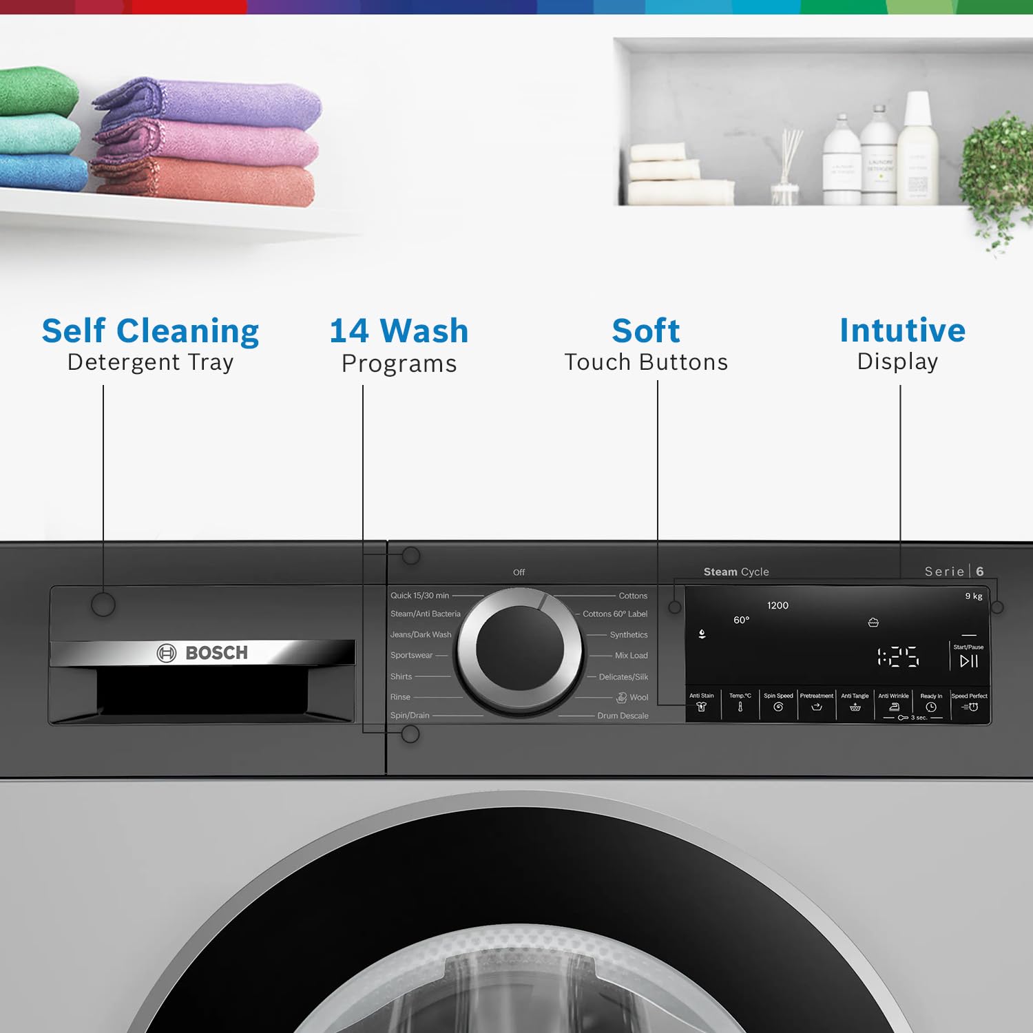 Bosch 9Kg, 5 Star, AI Acitve Water+, Anti Stain, Iron Steam Assist, Anti Tangle Fully-Automatic Front Loading Washing Machine (WGA2420SIN, In-Built Heater, Allergy Plus, Anti Wrinkle, Dark Silver)