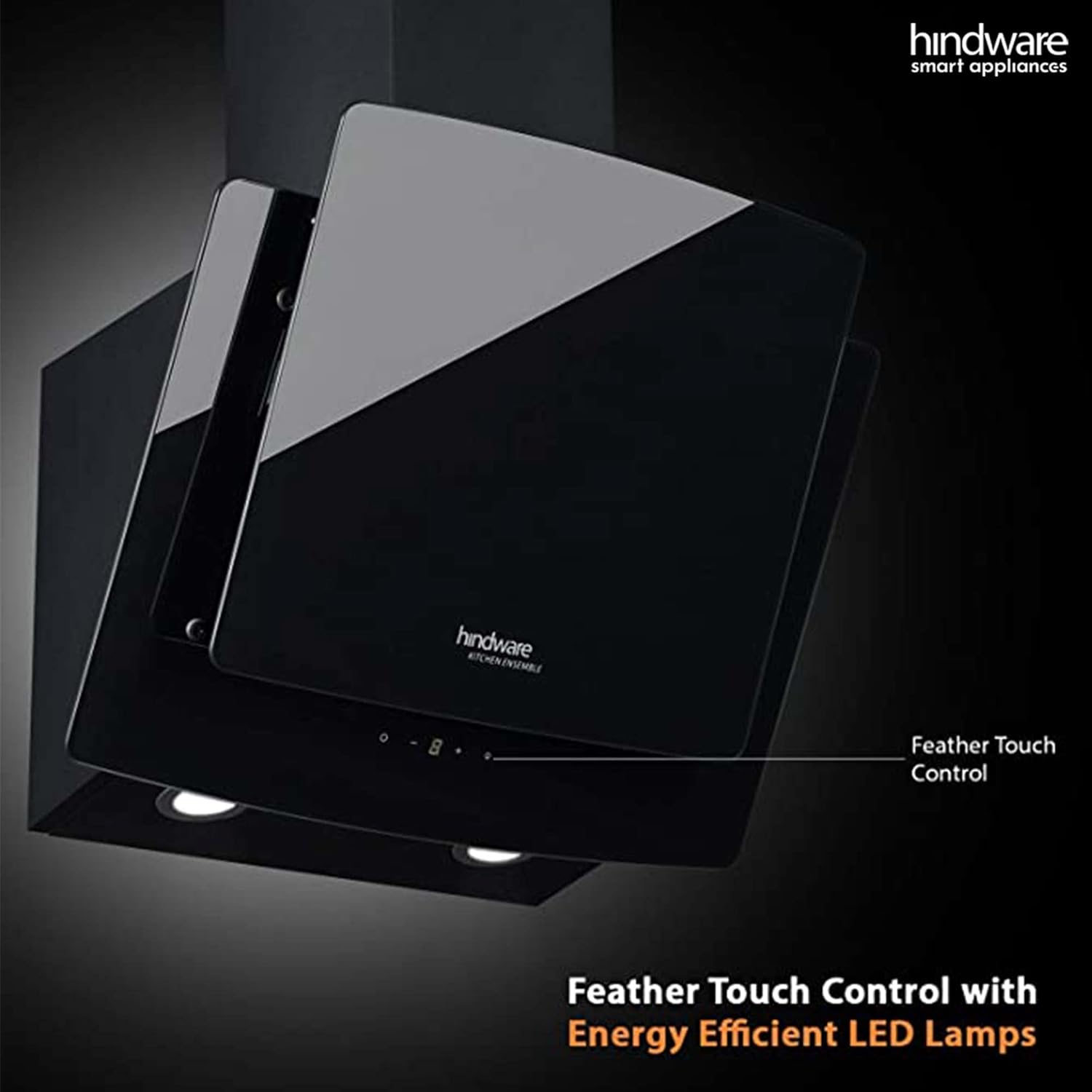 Hindware Kyra 60cm 1000 hr Low Noise Angular Designer Kitchen Chimney With Cassette Filter Touch Control Dual LED Lamps and Touch Control Black