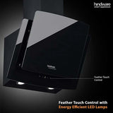 Hindware Kyra 60cm 1000 hr Low Noise Angular Designer Kitchen Chimney With Cassette Filter Touch Control Dual LED Lamps and Touch Control Black