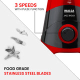 INALSA Mixer Grinder|500W Powerful Motor|High RPM 21000 for Finer Grinding Result|3 Stainless Steel Jars (1.2 L,0.8 L,0.4 L)|Leak-Proof Lid|3 Speed Control & Pulse FunctioN|Jazz Bold