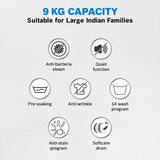 Bosch 9kg 5 Star Anti Stain & AI Active Water Plus Fully Automatic Front Load Washing Machine with Built in Heater (WGA1420TIN, Pretreatment & Steam with Anti Bacteria and 5 Star Inverter, Black Grey)